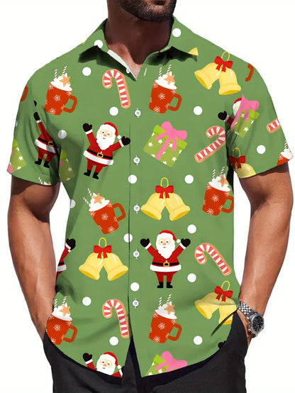 3D Print Christmas Themed Santa Claus Graphic Beach Shirts Men's Short Sleeve Lapel Hawaiian Shirt Summer Button Vacation Shirts