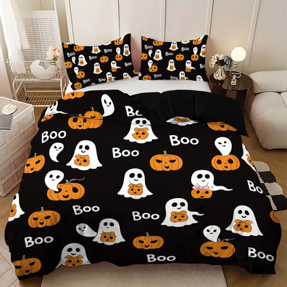 3 capas de edredom fofas de fantasma de Halloween, 1 capa de edredom + 2 fronhas, sem enchimento. Conjunto de cama macio e confortável, lavável à máquina