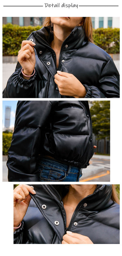 Winter Thick Warm Cropped Puffer Jacket Women Black PU Leather Parkas Elegant Zipper Coat Cotton Padded Punk Outwear 2023