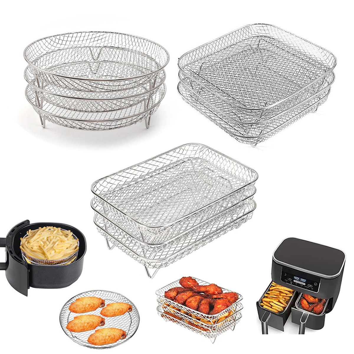 Air Fryer Rack Stackable Multi-Layer Stainless Steel Dehydrator Rack for Cosori, Instant Vortex, Ninja Foodi Grill