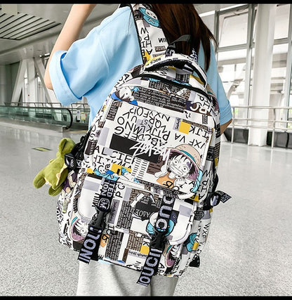 Anime Male and Female High-capacity One Piece Luffy Graffiti Printed Backpack for Middle High Students School Bag