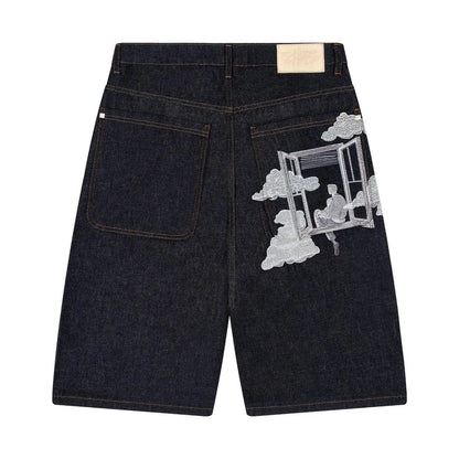 Fashion Cherry Blossom Pocket Embroidery Jeans Shorts Men Women Retro Baggy Black Denim Short Y2k Jorts Hip Hop Streetwear Pants