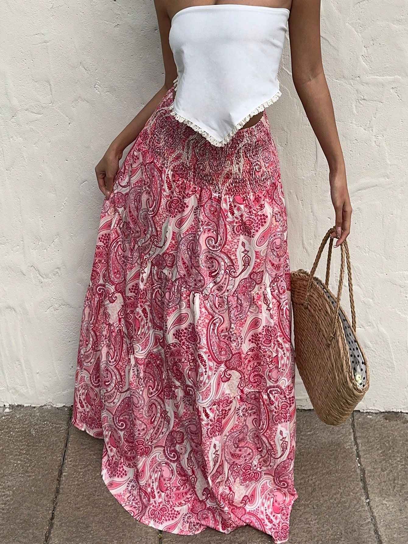 Vacation Style Stretchy Waist Long Maxi Skirt - Flowy Beach Skirt with Elastic Waistband