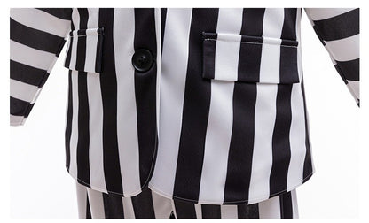 Dashing Suit Cosplay Costume Boys Girls Black and White Striped Coat+Pants Halloween Carnival Dress Up Party Costume Scary Ghost