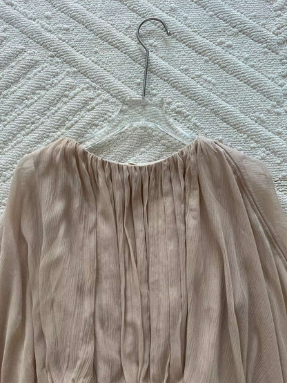 Ladies 100% Silk Elegant Set Pure Color Drawstring Long Sleeve Round Neck Shirt + A-Line Elastic Waist Maxi Skirt Holiday Suits