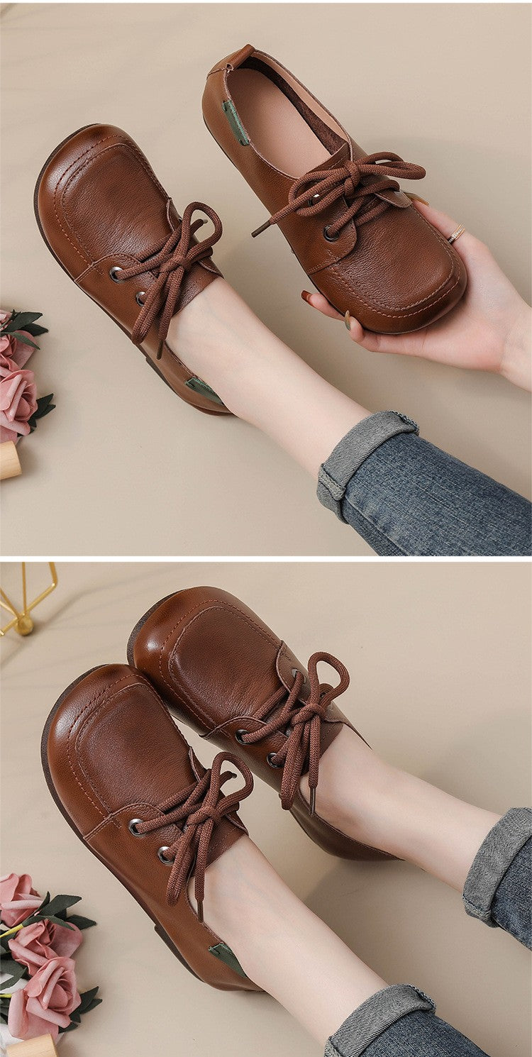 Vintage Plain Oxfords Shoes Women's Genuine Leather Flats Ladies Laced Up Moccasins Elderly Woman Square Toe Driving Loaferss