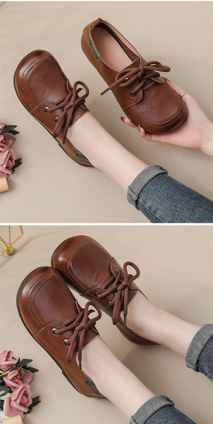 Vintage Plain Oxfords Shoes Women's Genuine Leather Flats Ladies Laced Up Moccasins Elderly Woman Square Toe Driving Loaferss