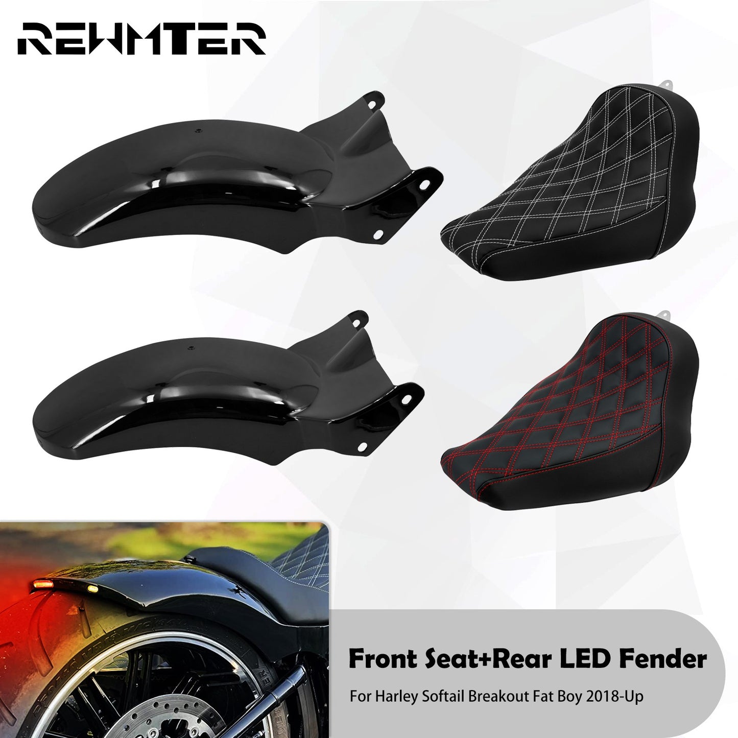 Assento Traseiro para Moto com Luz de Freio e Seta LED, Paralama Guarda-lamas para Harley Softail Fat Boy Breakout FXDR 2018-2023