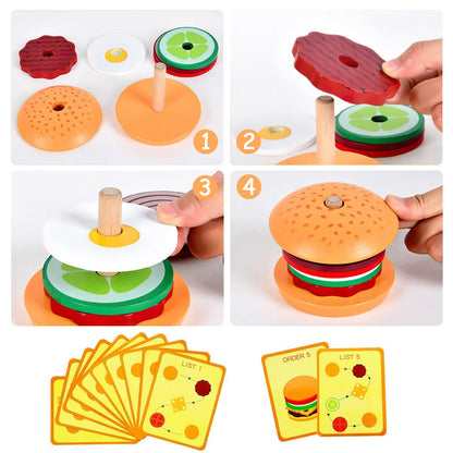 Wooden Burger Sandwich Stacking Toys For Toddler Kids Preschool Learning Educational Toys Pretend Play Food Kitchen Toys Gifts