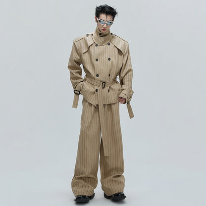 LUZHEN Fashion Stripe Printed Stand Neck Double Breasted Male Coat 2025 Autumn New Handsome Straight Casual Trousers Men JY4780