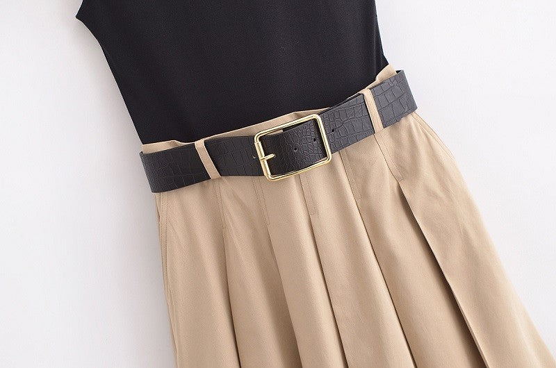 MUJER 2025 Woman Dresses Belt Pleated Midi Dress Women Sleeveless Summer Dress W
