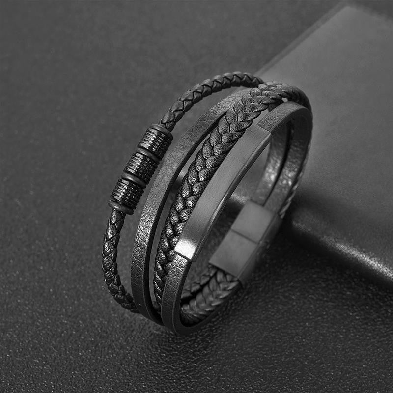 Pulseira de Couro Masculina Punk com Fecho Magnético de Aço Inoxidável Trançado em Camadas Envoltório de Couro Pulseiras Presente Joias Masculinas