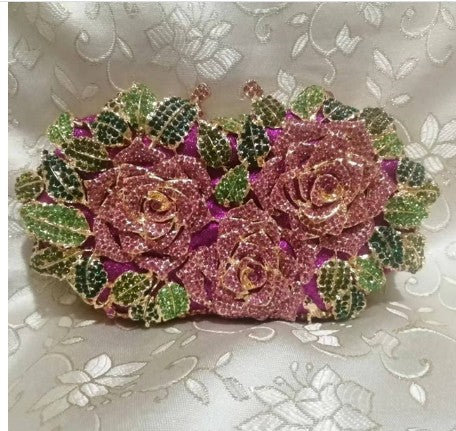 Golden Silver Luxury Crystals Evening Bags Fashion Rose Flower Diamonds Clutch Bags Soiree Purse Women Wedding Bride Handbags