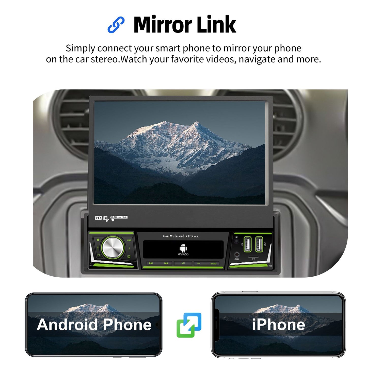 ESSGOO 1 DIN 7 Polegadas Flip Out Tela Touchscreen 4+64G Android 14 Rádio Estéreo Automotivo Apple Carplay GPS Navi Wifi FM RDS Bluetooth USB EQ