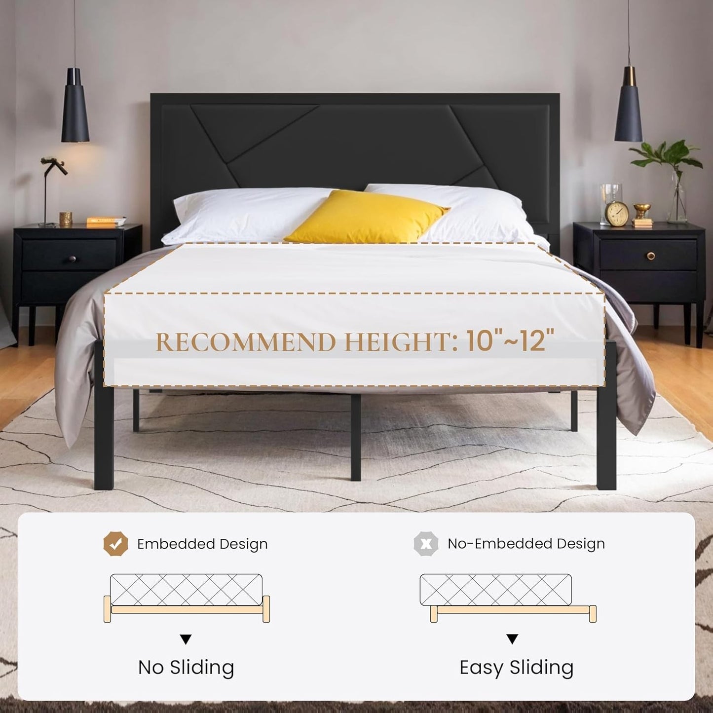 Estrutura de Cama Queen Size de Metal com Cabeceira Estofada em Couro, Design Geométrico Linear, Suporte Robusto de Estrados de Metal