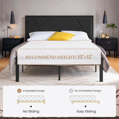 Estrutura de Cama Queen Size de Metal com Cabeceira Estofada em Couro, Design Geométrico Linear, Suporte Robusto de Estrados de Metal