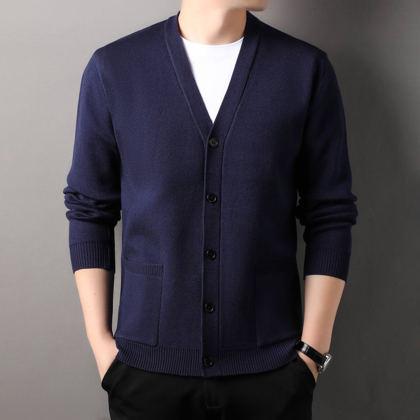 Designer Quality Men's V-Neck Knit Cardigan Autumn Winter New Solid Color Double Pocket Sweater Coat Casual Commute Menswear Top