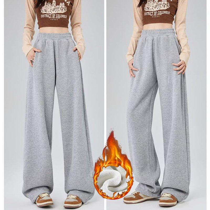 Winter Lady Snow Warm Thin Straight Leg Pants Girls Classic Daily Plush Trousers Women High Waist Thermal Fleece Pants