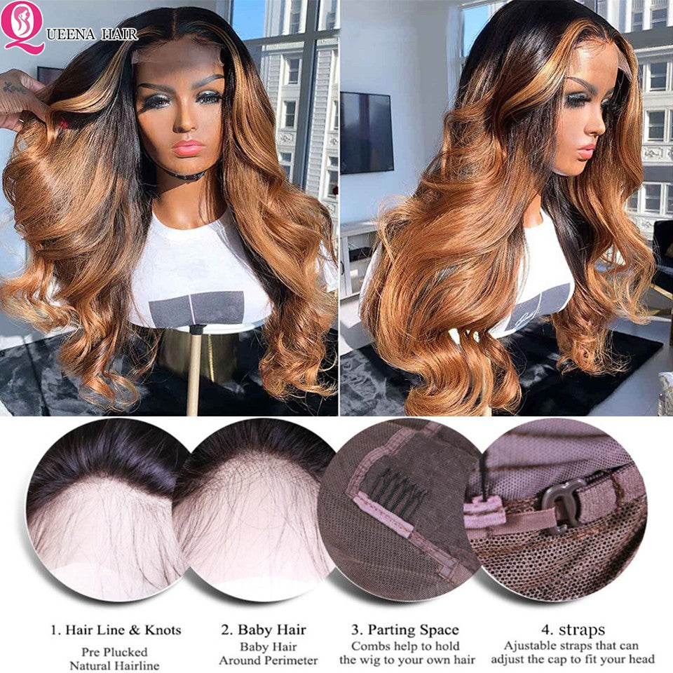 Peruca Front Lace Mel Loira Pré-arrancada 1B 27 Cabelo Humano Ombre Body Wave Peruca Front Lace Cabelo Humano 180% Bodywave Cru 30 Polegadas