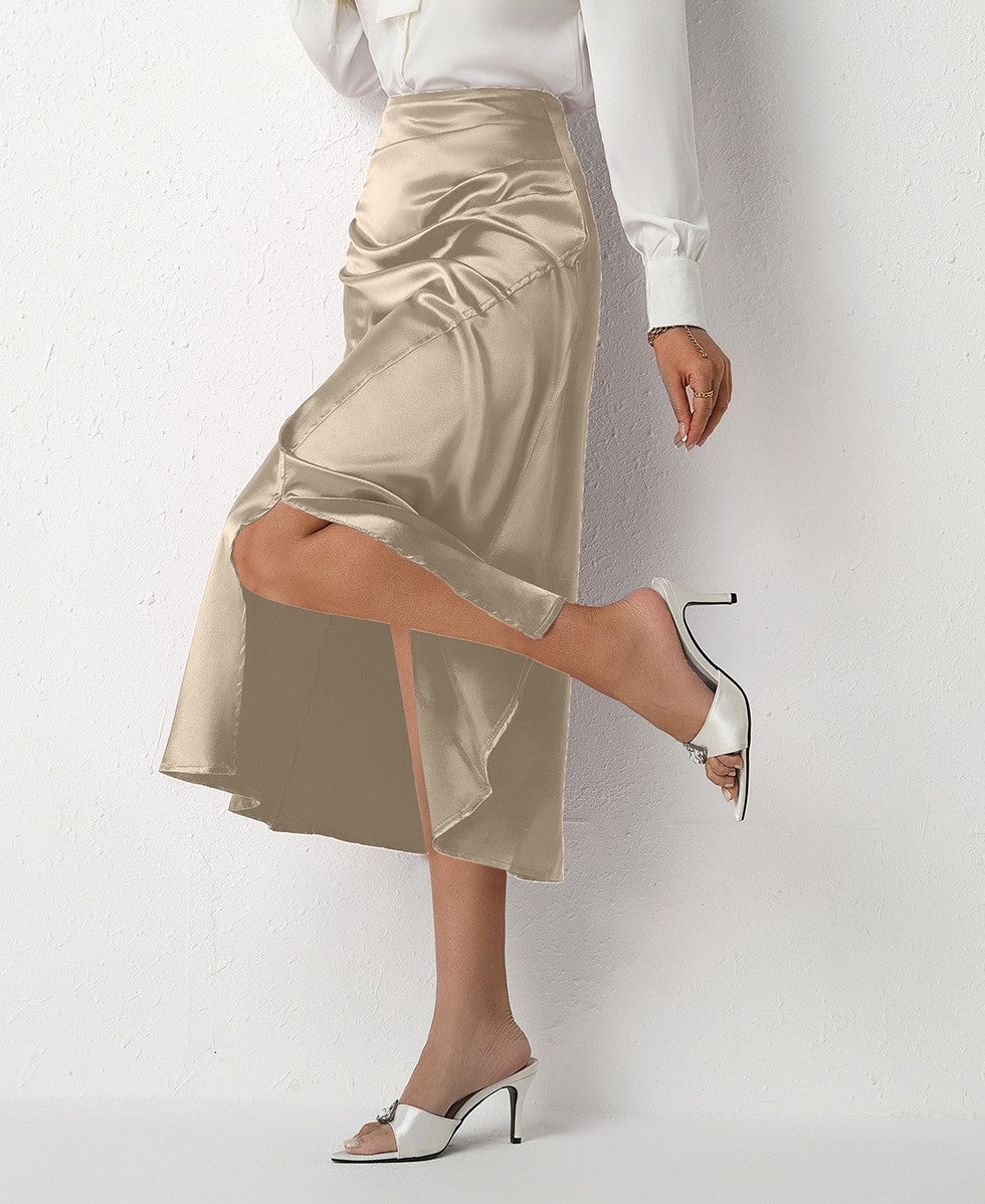 Nighpha Women's Elegant Satin Skirts High Waisted Flared Casual Work Office Fishtail Midi Skirt