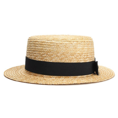REHOOS Natural Wheat Straw Boater Fedora Top Flat Hat Women Summer Beach Flat Brim Cap Bowknot Ribbon For Holiday Party