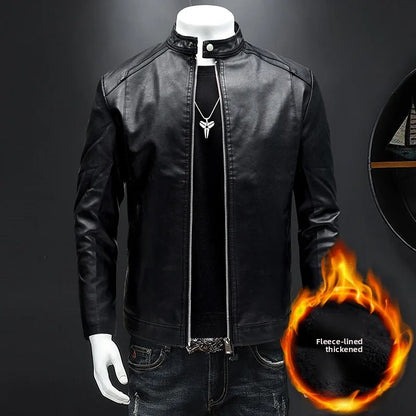 Men's Biker Leather Jacket Autumn Winter Thickened Fleece Casual Versatile Slim Fit Large Size PU Leather Coat