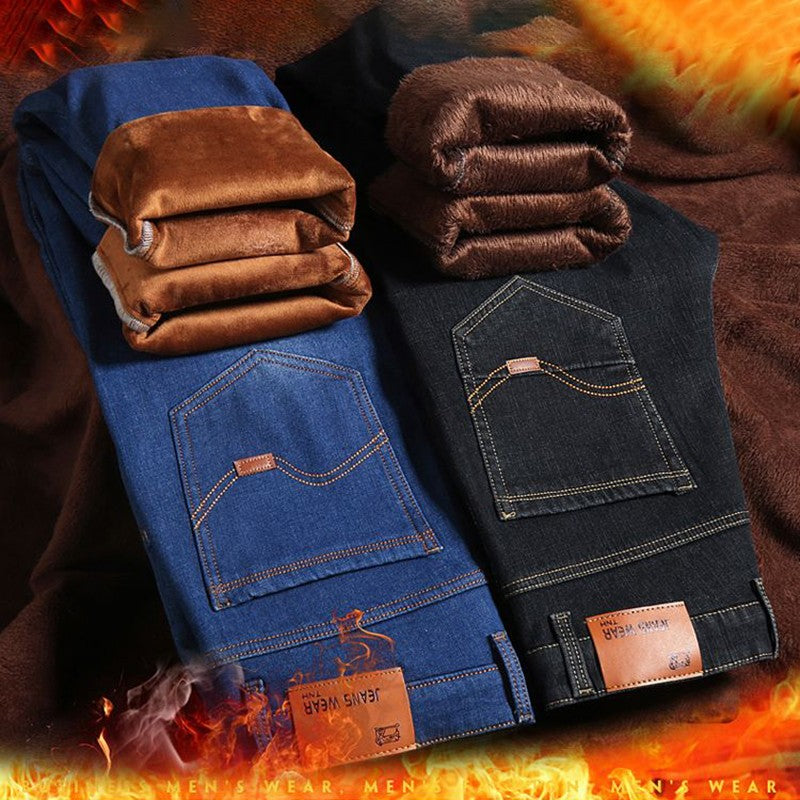 Men New Winter Warm Jeans Male Fleece Lined Thickened Denim Pants Loose Straight Cold Protection Casual Breathable Trousers