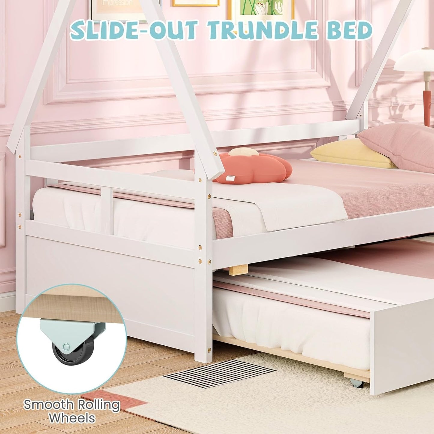 Cama de Casal com Cama Auxiliar, Estrutura de Cama Montessoriana de Madeira em Forma de Tenda com Grade de Segurança, Camas Teepee Baixas com Suporte de Ripas de Madeira