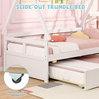 Cama de Casal com Cama Auxiliar, Estrutura de Cama Montessoriana de Madeira em Forma de Tenda com Grade de Segurança, Camas Teepee Baixas com Suporte de Ripas de Madeira