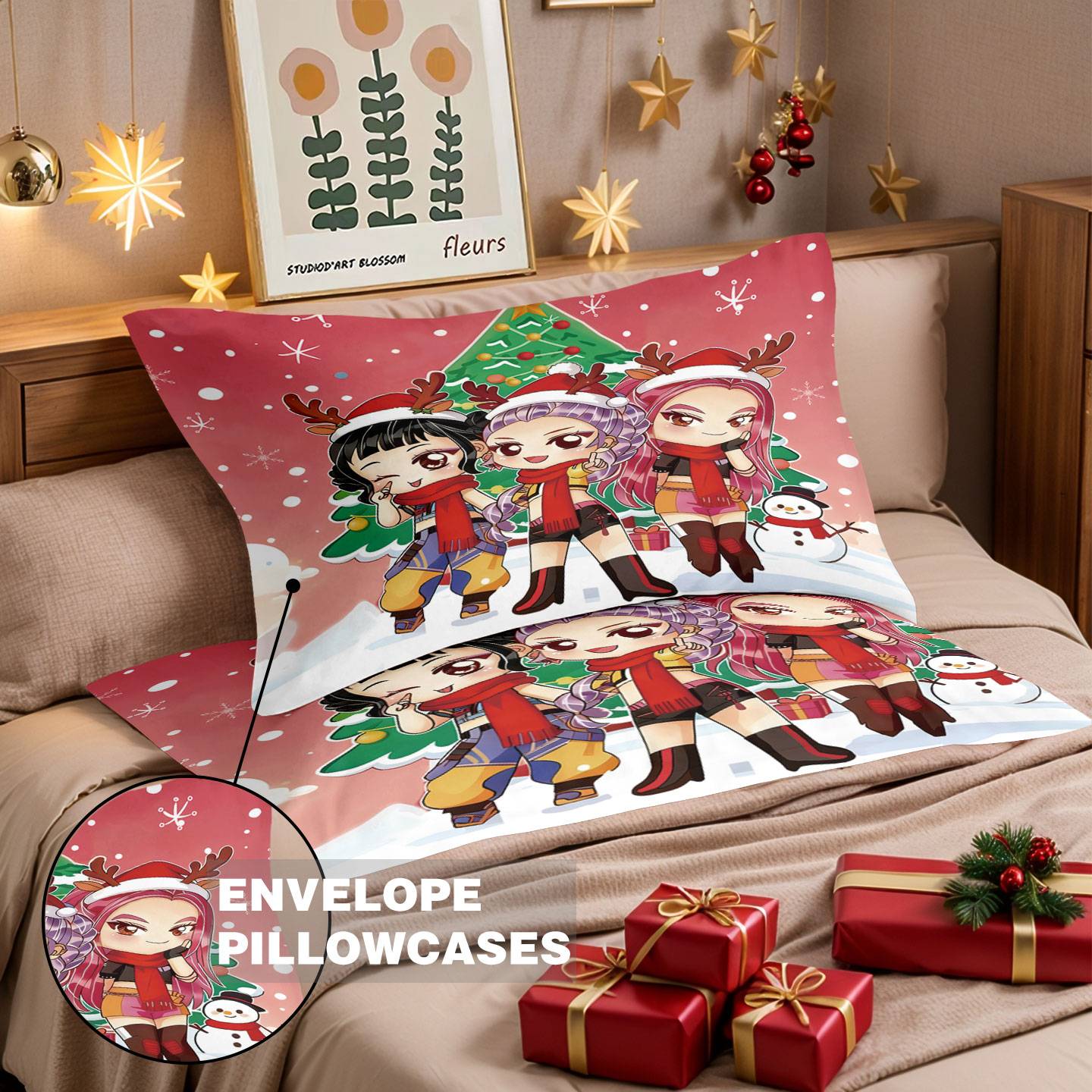Conjunto de Colcha de Natal K-Pop Demon Hunters com Estampa Sem Lascas (3 Peças) para Quarto/Dormitório, Lavável à Máquina
