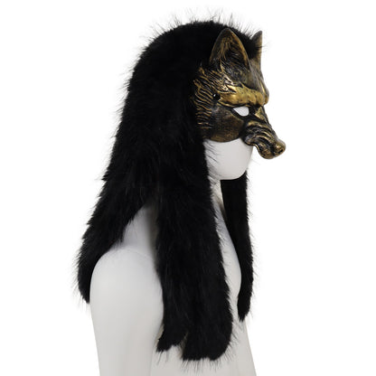 Viking Wolf Mask Faux Fur Headdress Werewolf Barbarian for Halloween Cosplay Costume Accessories