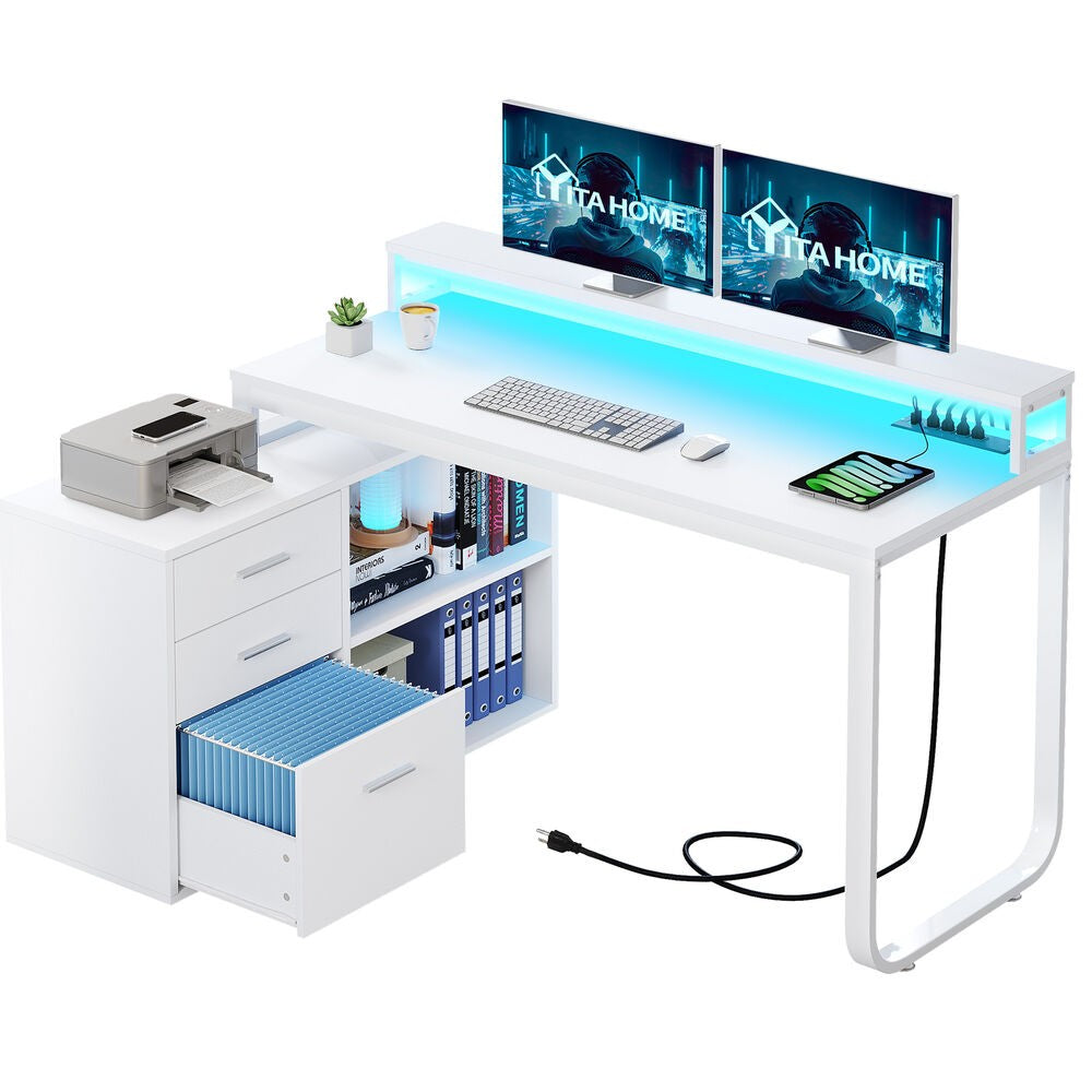 Mesa de computador para jogos em L com gavetas para arquivos para escritório em casa