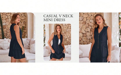 Fisoew Women's Sleeveless Mini Dress Half Zip V Neck Casual Mesh Back Summer Dress with Pockets sexy dress