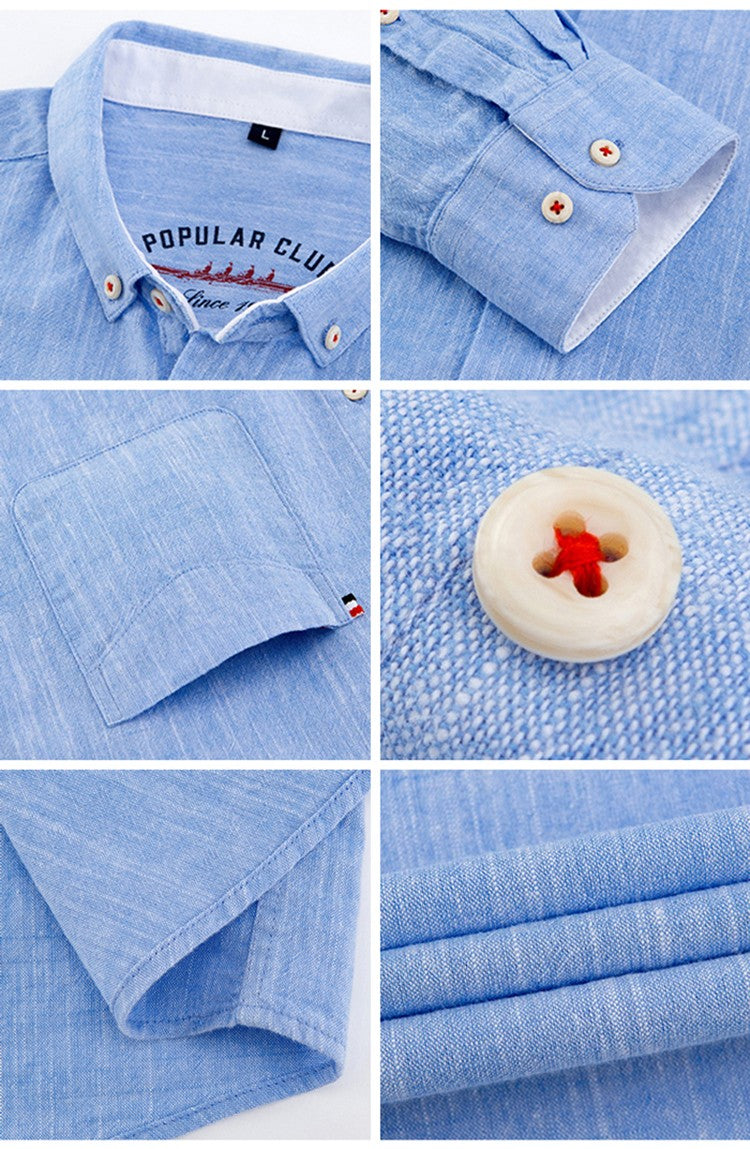 Men‘s Solid Button-Down Collar Dress Shirt - Breathable Cotton-Linen Blend - Long Sleeve, Slim-fit - Spring Summer Casual Chic
