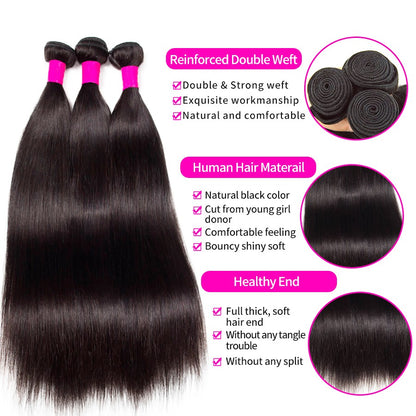 Pacotes de Cabelo Virgem Liso Brasileiro 12A, Extensões de Cabelo Humano 100% Não Processado, 14-30 Polegadas, Trama Dupla
