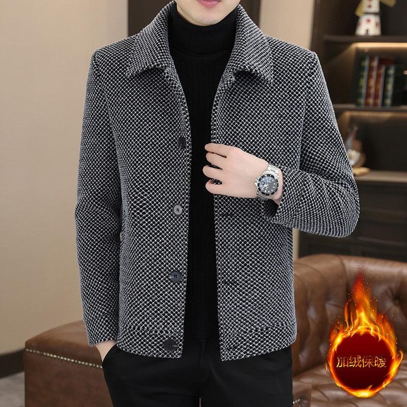Korean Winter Woolen Jacket Men Plush and Warm Short Trench Coat Plaid Casual Business Streetwear Overcoat Social Men Clothing