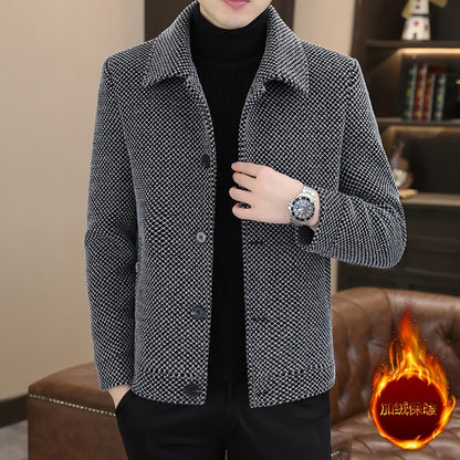 Korean Winter Woolen Jacket Men Plush and Warm Short Trench Coat Plaid Casual Business Streetwear Overcoat Social Men Clothing