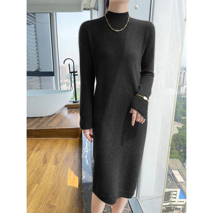 Autumn And Winter 100% Pure Wool Ladies Long Sweater Skirt Semi-High Collar Cashmere Dress Large Knit Bottoming Skirt
