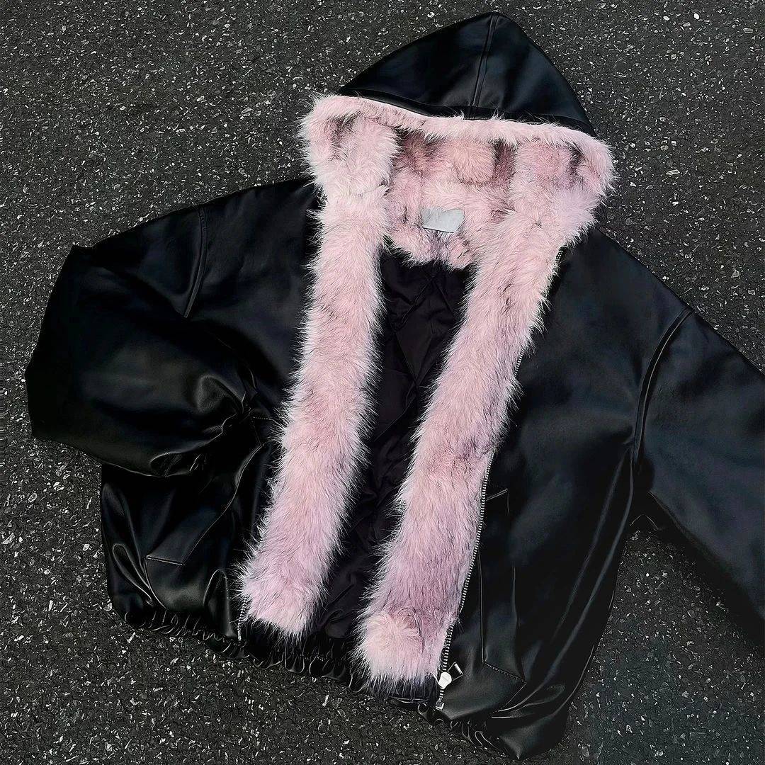 American Vintage Fur Collar Hoodie Winter Thicked Warm Cotton Cardigan Coat Y2k Street Punk Black Streetwear Jacket Fur Parkas