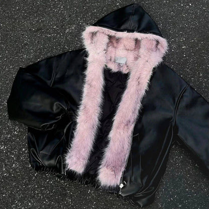 American Vintage Fur Collar Hoodie Winter Thicked Warm Cotton Cardigan Coat Y2k Street Punk Black Streetwear Jacket Fur Parkas