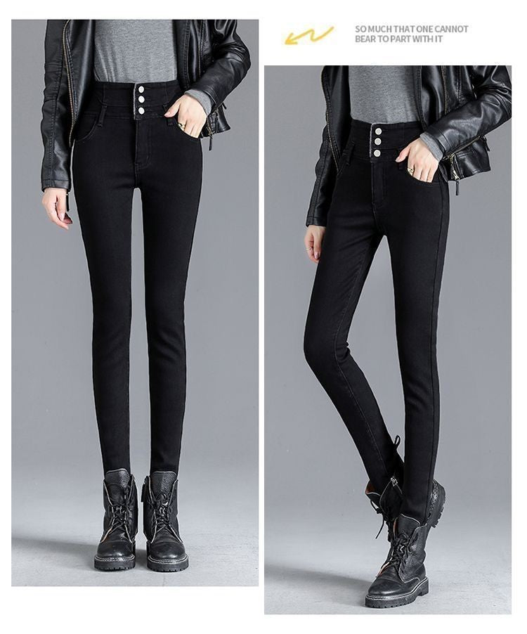 High Waist Slim Fit Fleece Lined Thickened Pencil Long Jeans Women's Autumn Winter New Style Fashionable And Elegant