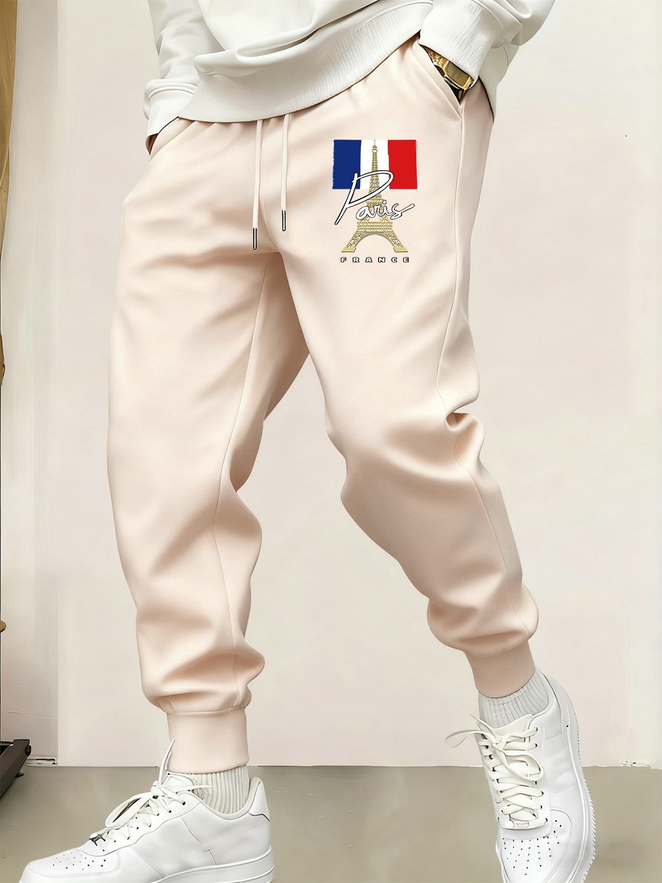 Calça de Moletom Masculina Estampada Torre Eiffel Paris França Bolso Y2K Cintura Elástica Calça Versátil Outono Moda Casual