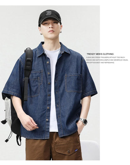 2025 Summer New Men's Casual Loose Shirt Polo Neck Short Sleeve Single Breasted Shirts Men's Vintage Solid Cargo Jeans  Tops