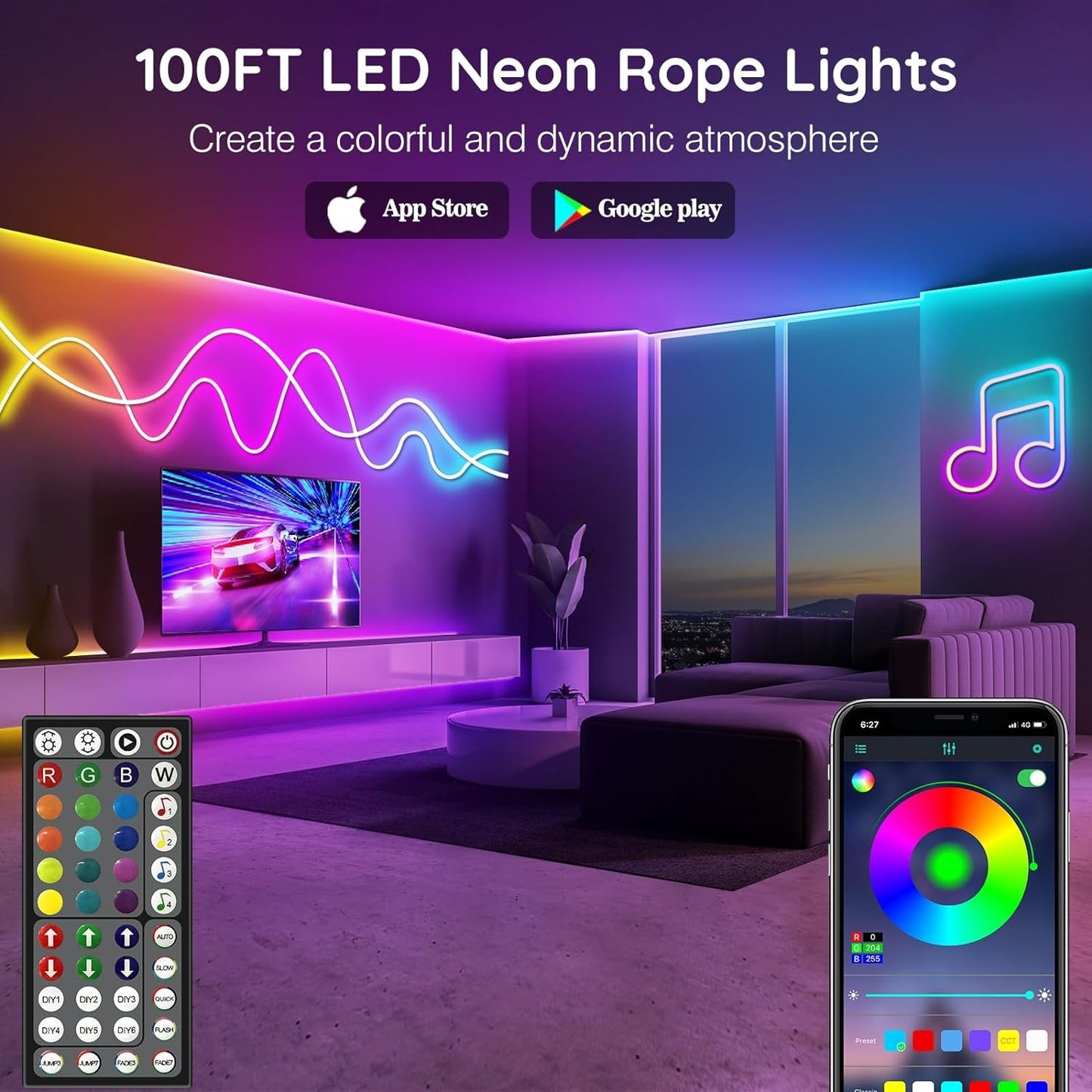 30M/20M Mexllex RGB Neon Light Strip with APP &Remote, Color Change Waterproof Music Sync Mode for Bedroom Room Outdoors Decro