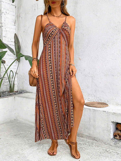 Women's Summer Ethnic Pattern Backless Split Thigh Dress Ladies Summer Clothes Boho Fashion Frill Trim Long Dress for Beach