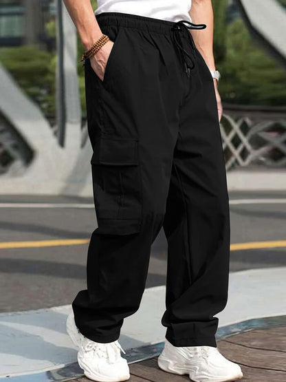 Men s Loose Cargo Long Pants Solid Color Drawstring Waist Straight Leg Trousers Casual Work Pants with Pockets