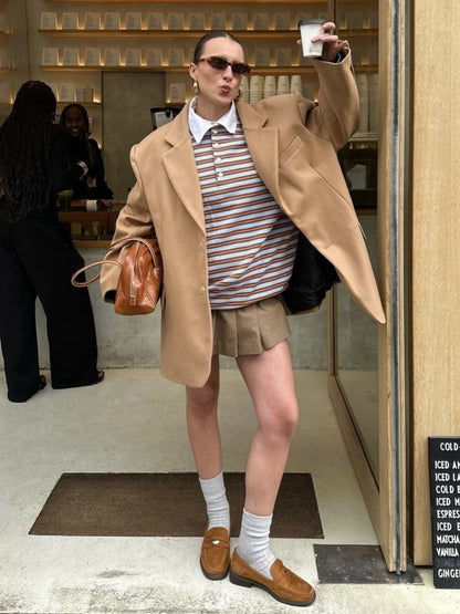 Autumn New Striped Loose Polo Collar Women Tops Fashion Vintage Patchwork Long Sleeve T Shirt Streetwear Women Basic Tops