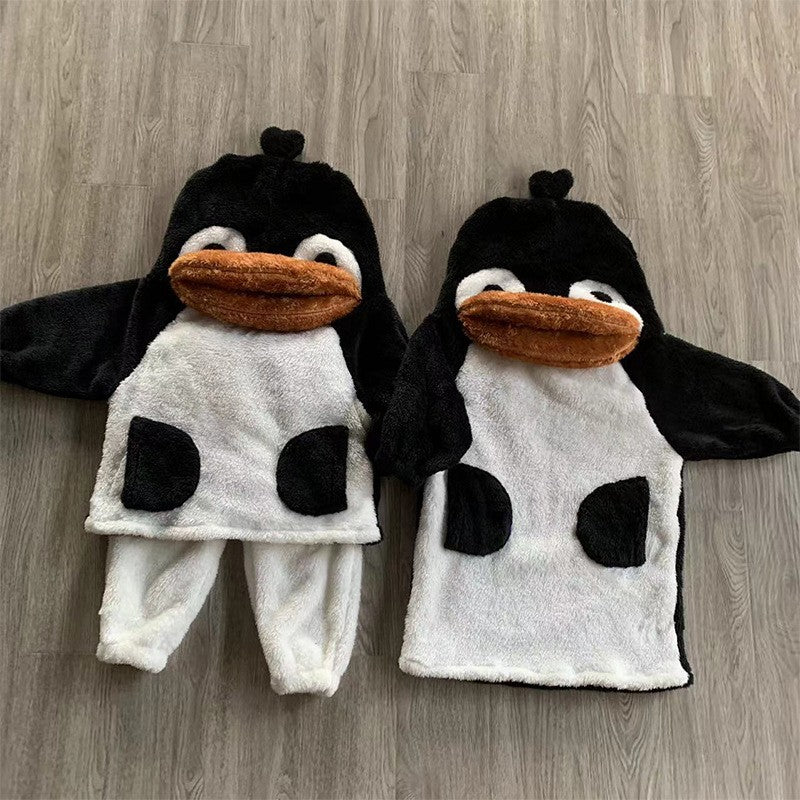 2025 Winter Infants Toddlers Pajamas Set Penguin Style Children's Warm Thicken Flannel Sleepwear Soft Loose 2 Pcs Suit Plush Pjs