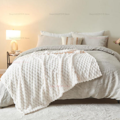 Manta de Tricô Branca Creme Felpuda Decorativa 3D Jacquard Flanela Fleece Super Macia de Pelúcia Aconchegante para Sofá Cadeira