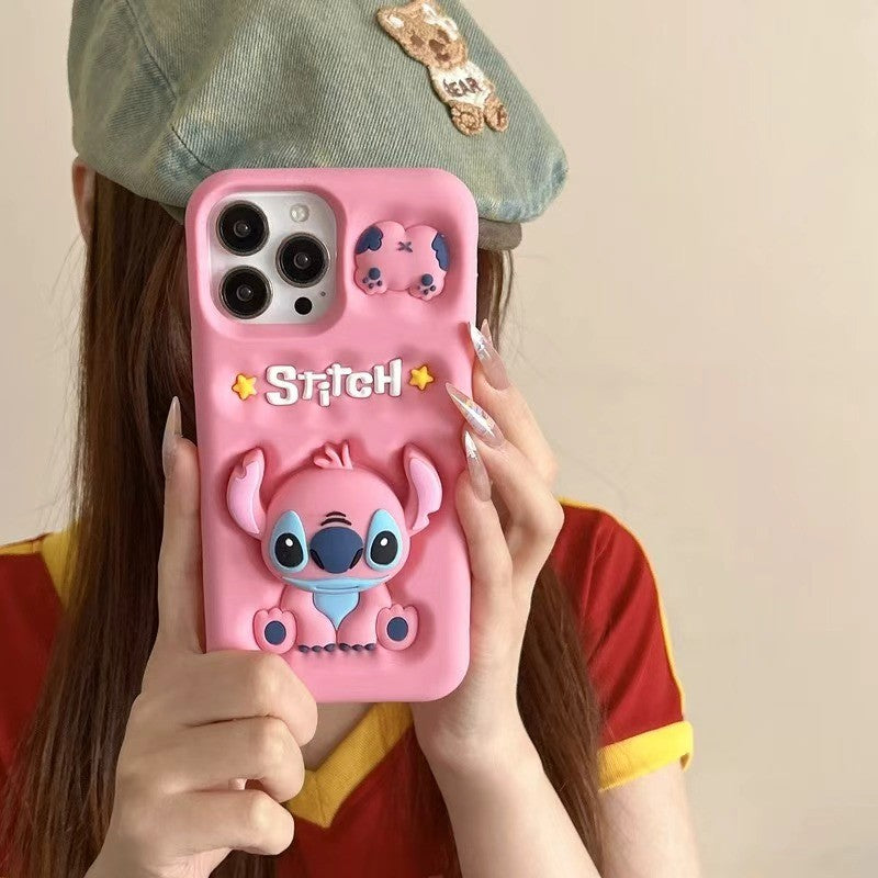 Capa de celular 3D fofa de desenho animado Stitch para iPhone 17 16 15 14 13 12 Pro Max 11 com suporte de silicone macio e pega de cabeça fofa